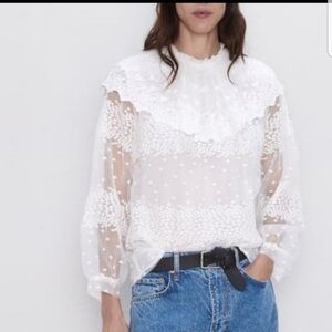 ZARA Sheer Lace Victorian Blouse White High Neck Ruffle Collar Size S Romantic